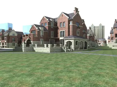 Villa brick house in middle of grassy field 3D model