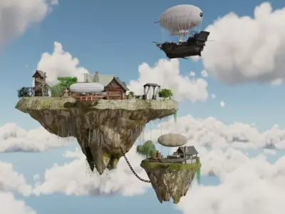 Floating Island Village Ultra-Realistic 3D Environment Low-poly 3D model