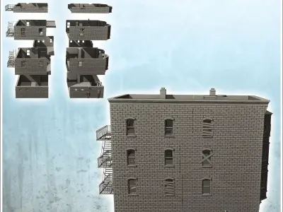 Large brick residential building with flat roof and lamp post 12 3D print model