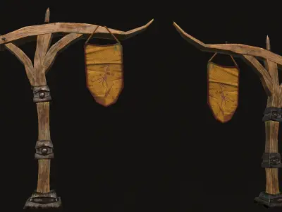 Wooden pillar with banner Low-poly 3D model