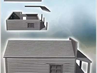 Sheriff building with multi-pitched roof awning on a wooden plat 3D print model