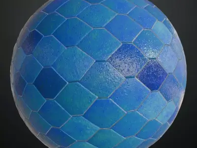 Modern Glossy Blue Hexagonal Mosaic Tiles PBR Seamless Texture