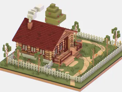Isometric Village Wood Log House Cottage Garden Low-poly 3D model