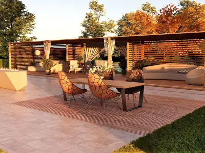 Modern pool lounge with firepit 3d model Low-poly 3D model