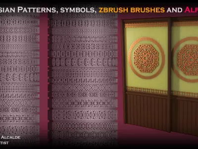20 Asian Patterns symbols ZBRUSH IMM and Alphas Blender Low-poly 3D model