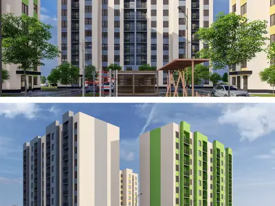 Modern 9-storey residential building and Landscape Low-poly 3D model