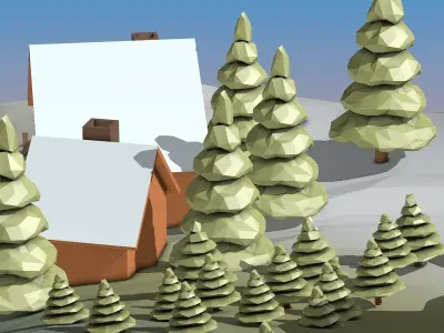 Cartoon Mountain Landscape with Houses and Forest Low-poly 3D model
