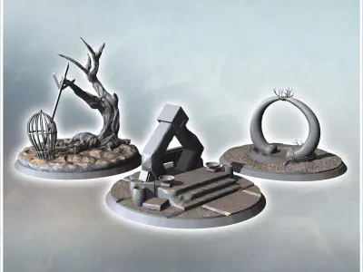 Circular structures featuring an archway a hut and a twisted tre 3D print model
