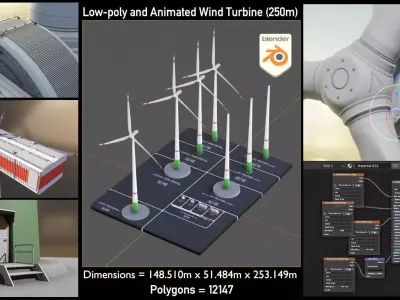 Low-Poly and Animated Wind Turbine 250m Low-poly 3D model