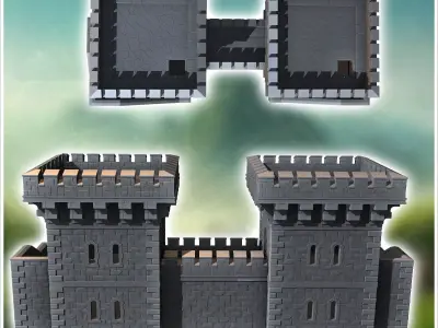 Stone fortress with double towers and access stairs 9 - Medieval 3D print model