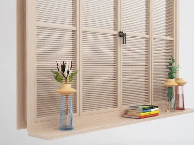 Windrow wooden window with blinds 3D model