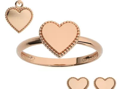 Heart Love Valentine Light wt Plain Gold Ring Earrings Pendant  3D Model Pack
