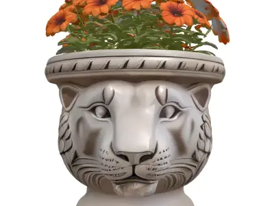 Lion Head Planter with Orange Flowers Low-poly 3D model