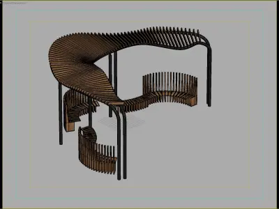 Curved Wooden Canopy Seating Structure for Urban Parks 3D model
