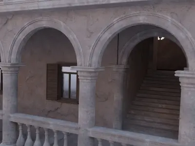 Palace stairs leading up to building with arches 3D model