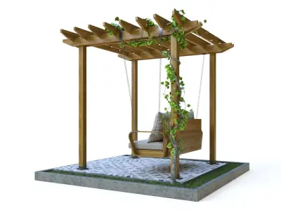 Wooden pergola with hanging sofa 3D model