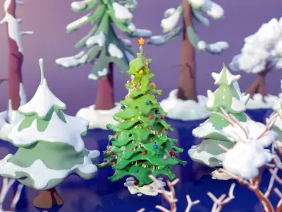 Stylized Snow-Covered Winter Nature Tree Bush Rock Low-poly 3D model