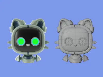 3d cartoon character cat robot Low-poly 3D model