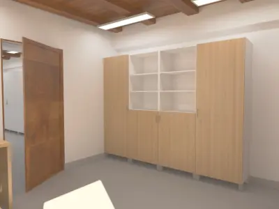 Workshop hallway with cabinets and windows 3D model