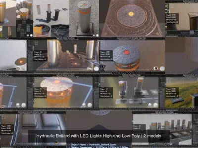 Hydraulic Bollard with LED Lights High and Low-Poly 3D Model Pack