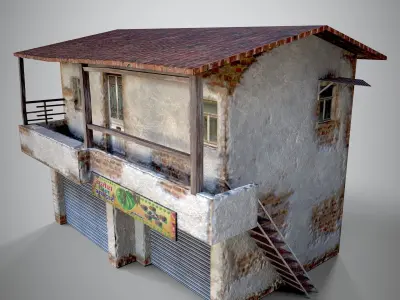 Realistic Old Indian Shop House Urban Two Floor Building Low-poly 3D model