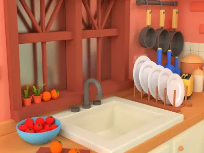 Low Poly Kitchen Room Stylized Isometric Interior 3D Model 3D model