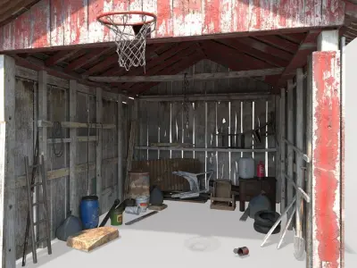 Old wooden garage with materials 3D model