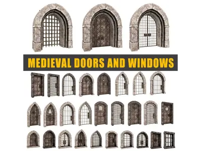 medieval door and window set Low-poly 3D model