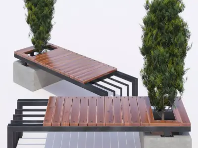 bench and thuja Low-poly 3D model