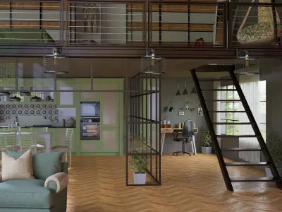 Loft Interior House Cinema 4D Corona Scene Free 3D model