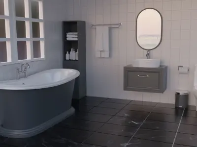 Dark modern bathroom with bathtub and bath room accessories  3D model