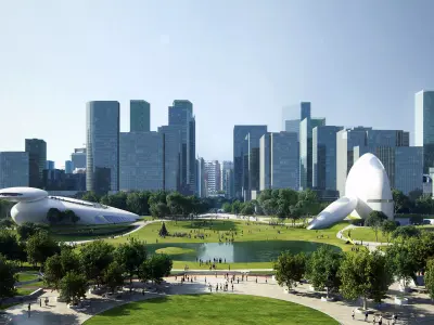 Futuristic City Park with Sculptural Cultural Pavilions 3D model
