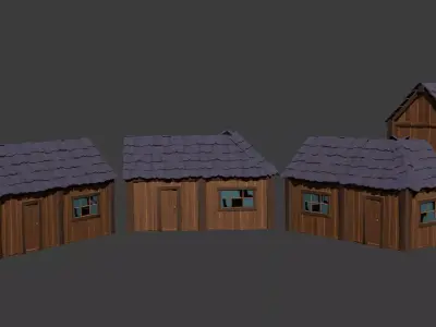 Wooden houses of a poor village - Stylized modular buildings Low-poly 3D model