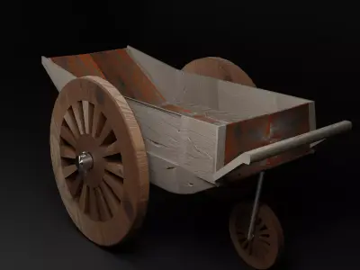Ancient Medieval Wooden Cart with Rusty Metal Details Low-poly 3D model