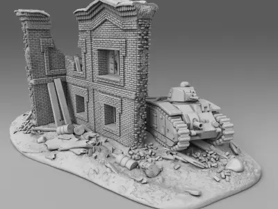 A tank near a destroyed building 3D print model