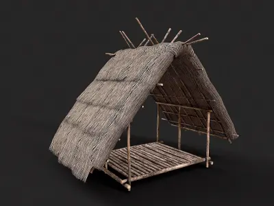 Primitive Wooden Shelter with Thatch Roof 2 Low-poly 3D model