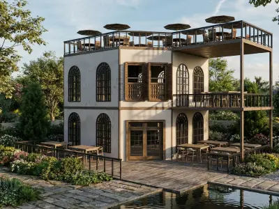 Modern Rustic Cafe and Restaurant Exterior-Interior 3D model