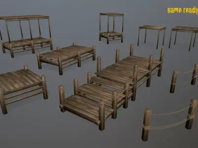 Wooden Pier Set Low-poly 3D model
