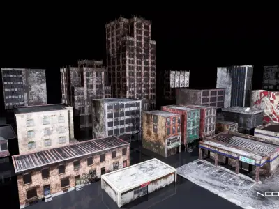 Post Apocalyptic Abandoned Buildings Low-poly 3D model