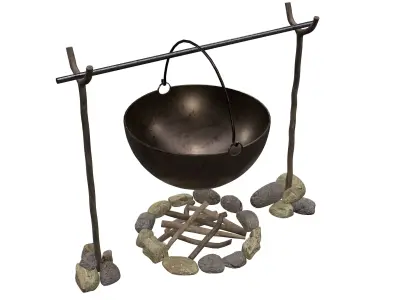 campfire cauldron with rocks and sticks 3D model