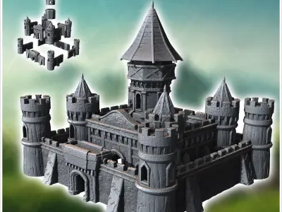 Large medieval castle with concave-roofed keep and imposing surr 3D print model