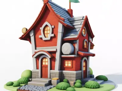 Cute Cartoon House 3D Red Wooden Cottage Game Low-poly 3D model