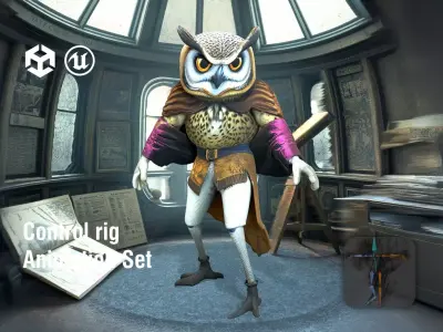 Wise Owl Astronomer in Velvet Robe Low-poly 3D model