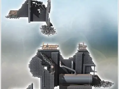 Factory ruin with a large tank and brick walls version with and  3D print model