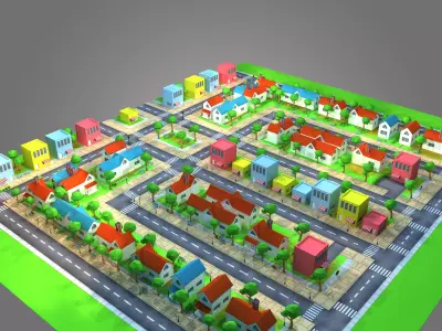 Housing Low-Poly city with houses and roads Low-poly 3D model