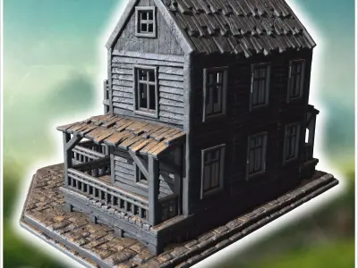 Old wooden tavern with a sign front porch balconies and visible  3D print model