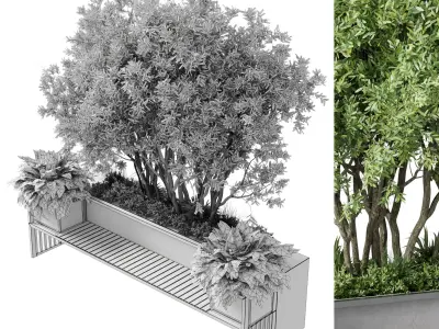 Urban Environment - Urban Furniture - Green Benches With tree 41 Low-poly 3D model
