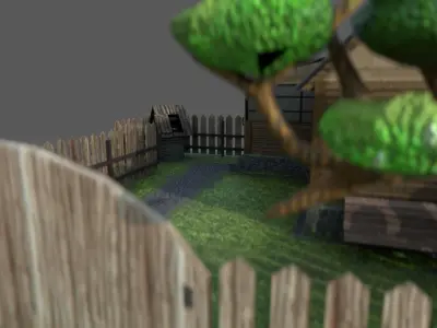VILLAGE wooden house with fence Low-poly 3D model