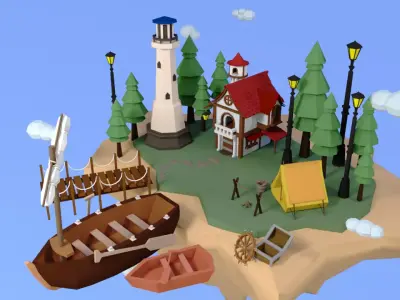 house island with boat and lighthouse Low-poly 3D model