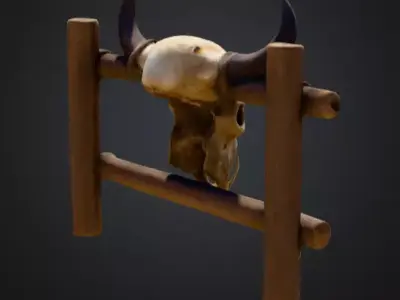 Wooden Fence with Bull Skull Head Low-poly 3D model